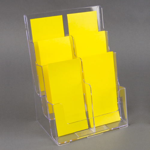 PLASTIČNI NOSAČ BROŠURA U 3 NIVOA SA 6 1/3A4P DŽEPOVA, SA OTVORIMA ZA MONTIRANJE NA ZID, DIMENZIJA OSNOVE 231x34 MM