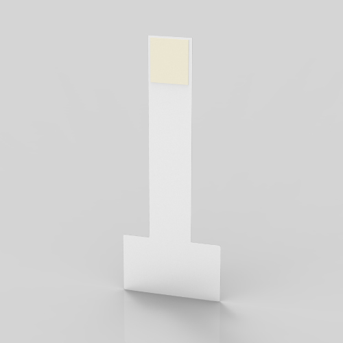 WOBBLER TIP "T", DIMENSIUNE 150X79x12 MM (LXlXl), 240 MICRONI APET GROSIME, UN CAPAT CU SPUMA DUBLU ADEZIVA 12X15 MM, CELALALT CAPAT FARA ADEZIV