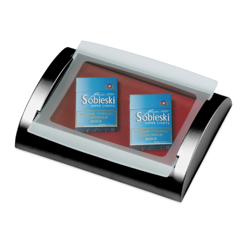 PLASTIC CASH TRAY WITH GLASS SURFACE SIZE 240X180X50 MM, COMPARTMENT SIZE 188X127X25 MM, PRINT SIZE 127X188 MM