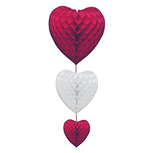 3 HEARTS ORNAMENTAL CHAIN, DIFFERENT SIZES, MADES OF WHITE / RED PAPER, 900 MM HEIGHT