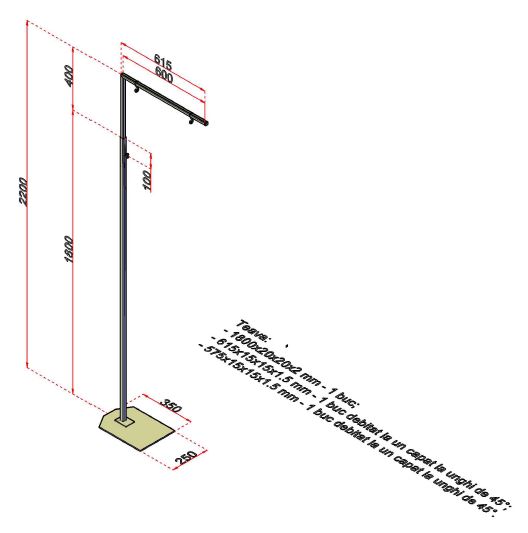 Plakátkeret buszmegálló állvány, 1800-2200 mm magas, szögletes acél talppal 250x350 mm, 1 db 600 mm vízszintes almínium karral